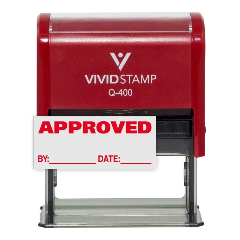 Vivid Stamp Approved w/by Date Line Self-Inking Office Rubber Stamp (Red) - X-Large - Image 1
